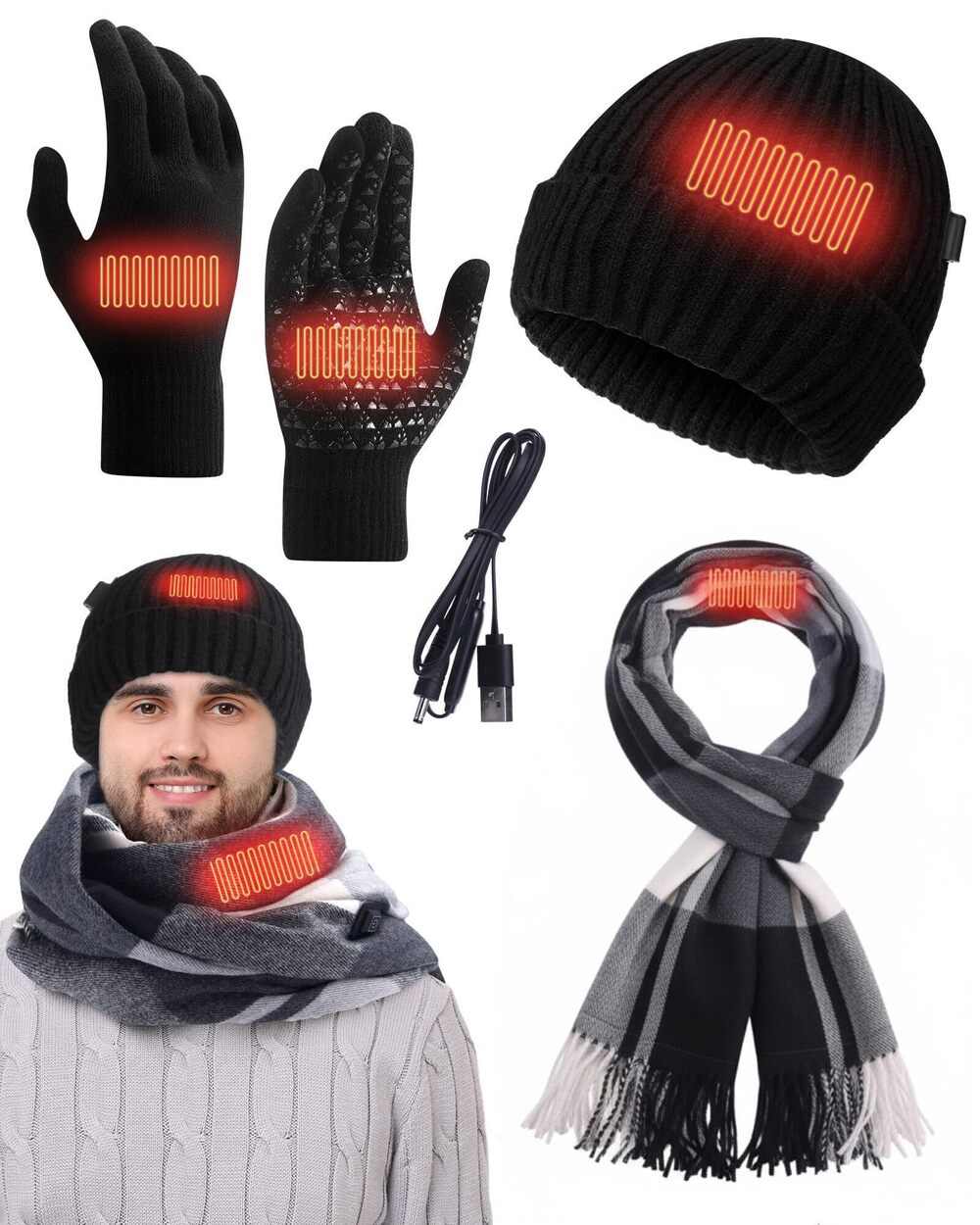 5272 3 Pcs USB Heated Hat Scarf Gloves Set Warm Gift No Power Supply